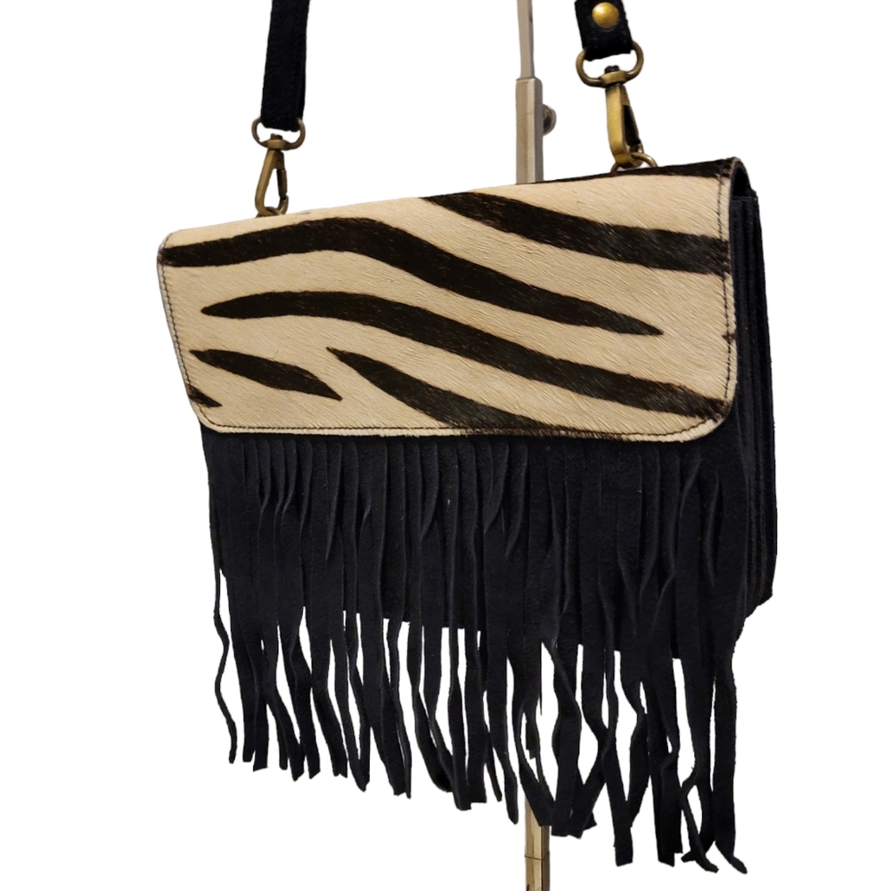 Brand New Hand Crafted Leather Boho Fur Fringe Cross Body Bag